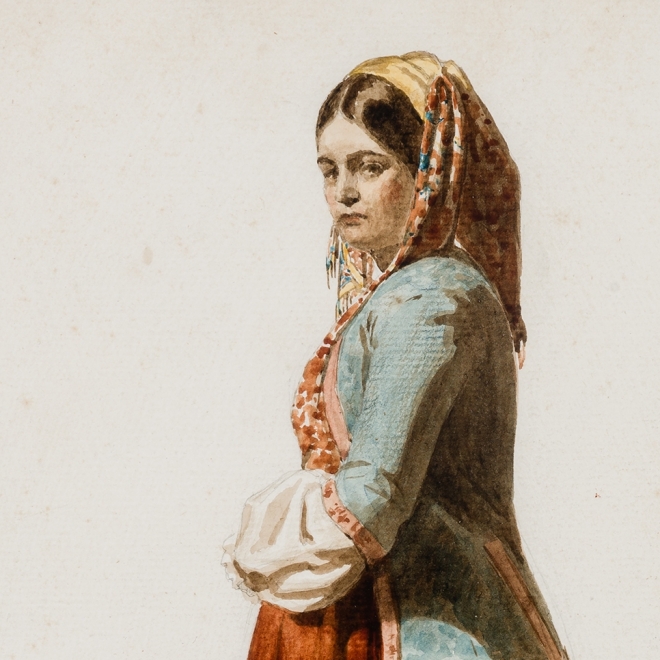 JOHN FREDERICK KENSETT (1816–1872), "Standing Female Figure," 1846. Pencil and watercolor on paper, 13 1/4 x 9 7/8 in. (detail).
