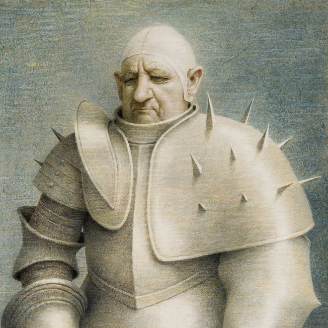 ROBERT VICKREY (1926–2011), "Clown in Armor, 1961. Egg tempera on gessoed panel, 33 1/2 x 23 7/8 in. Detail.