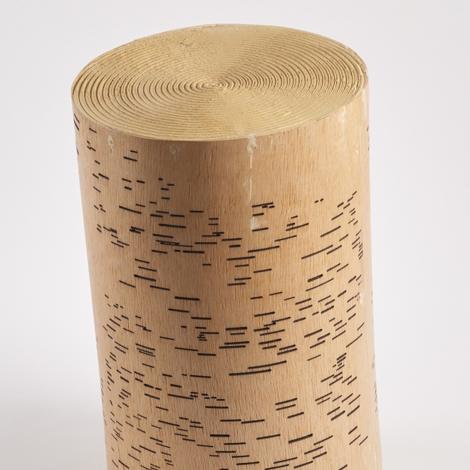 a sculpture by Maria Elena Gonzalez where a stump looks like a player piano roll and a record simultaneously