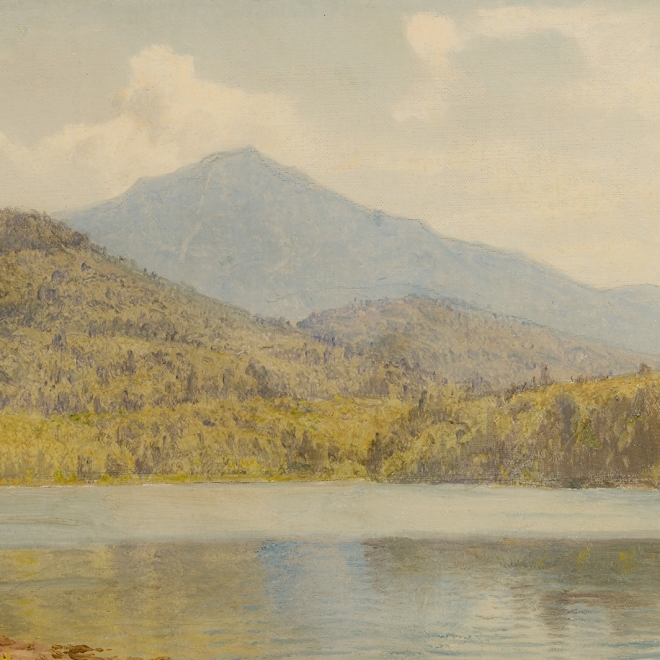 WILLIAM TROST RICHARDS (1833–1905), "Whiteface and the Eagles’ Eyrie, Lake Placid," 1904. Oil on canvasboard, 9 1/2 x 15 1/2 in. (detail.)