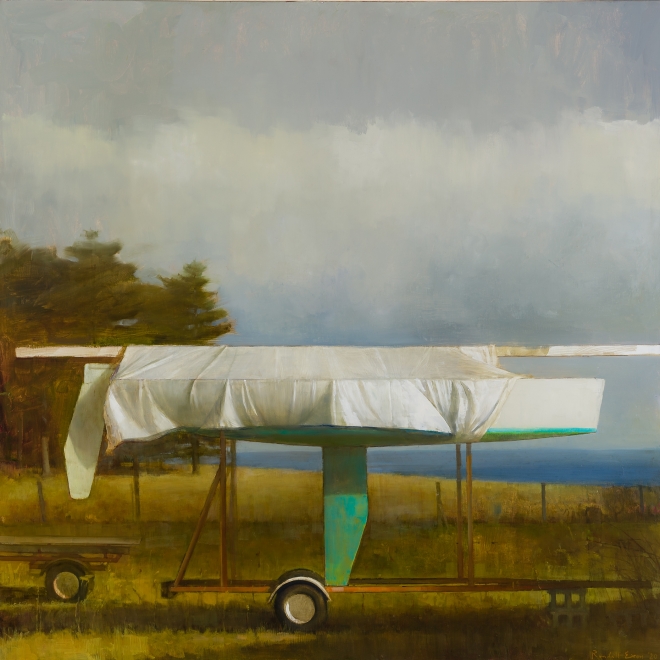 a painting by Randall Exon of a green sailboat, wrapped in a tarp and on a trailer