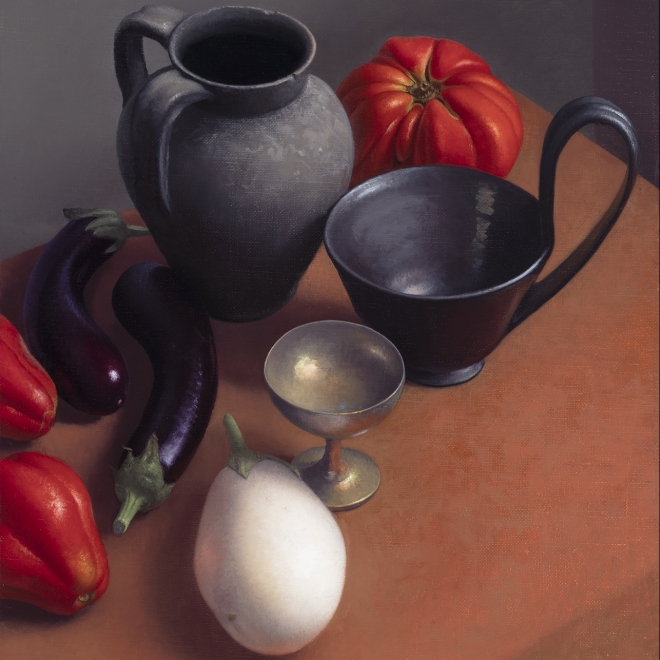 a still-life painting by Amy Weiskopf of purple and white eggplants and tomatoes on a table with Etruscan pottery