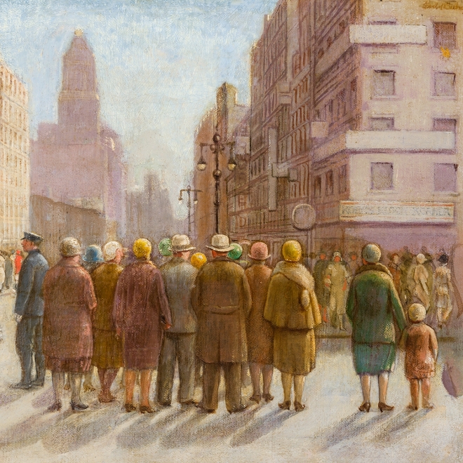 ISABEL BISHOP (1902–1988), "Manhattan Street." Oil on canvas, 10 x 12 1/8 in. (detail).