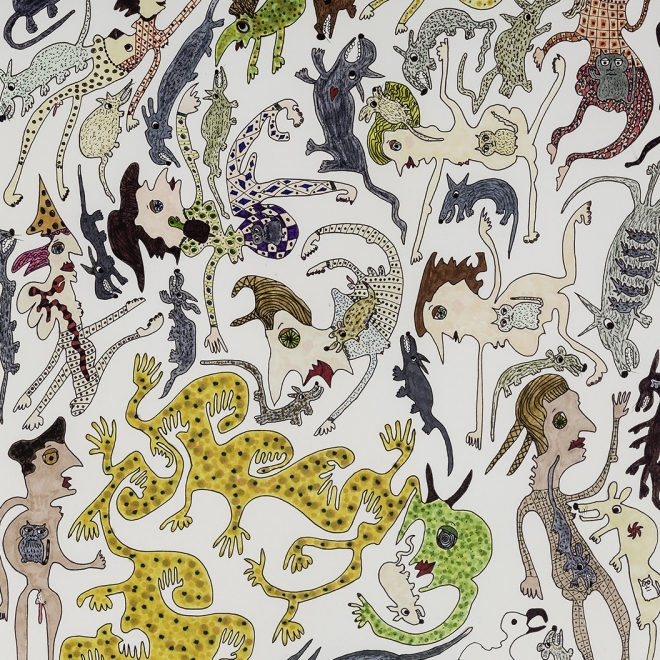 a fantastical drawing of monsters and animals by self-taught artist Jeanne Brousseau