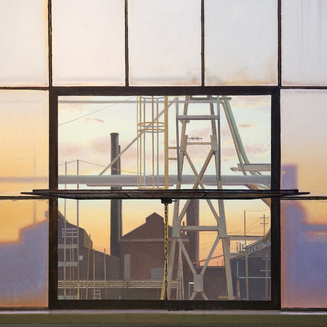 a painting of an industrial landscape at twilight seen through factory windows by John Moore