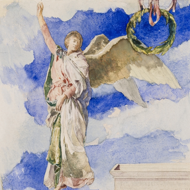 JOHN LA FARGE (1835–1910), "Study for 'The Angel at the Tomb'", about 1889–90. Watercolor on paper, 10 7/8 x 11 5/8 in. (detail).