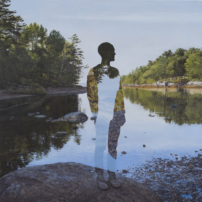 an egg tempera painting by Colin Hunt of a silhouette's void standing on the edge of a lake