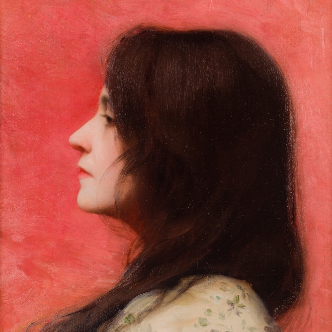  CHARLES SPRAGUE PEARCE (1851–1914), "Woman in Profile with Black Hair (The Artist’s Wife)," 1880s.  Oil on canvas, 13 7/8 x 10 3/4 in. (detail).