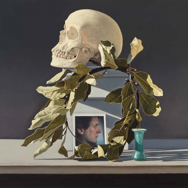 a still life painting by David Ligare of a skull with a laurel wreath, Roman tear vial and a polaroid photograph of a man