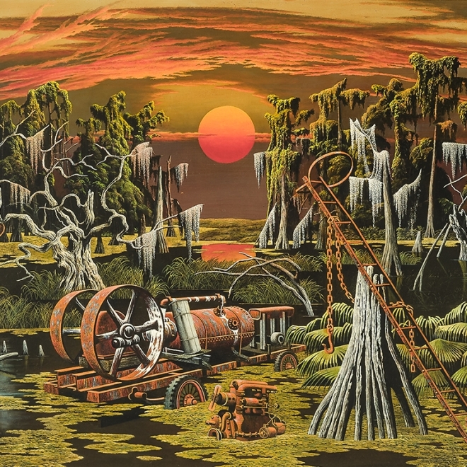 JOHN ROGERS COX (1915–1990), "Swamp," 1969. Oil on wood panel, 20 x 30 in. (detail).