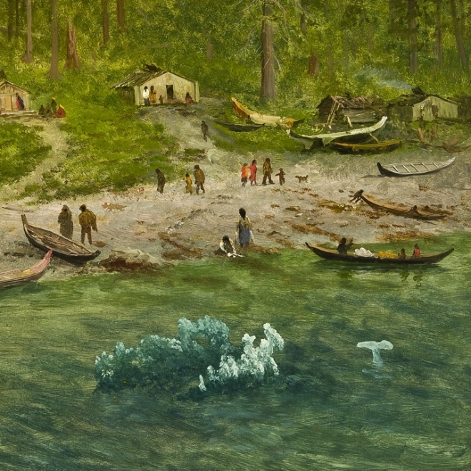 ALBERT BIERSTADT (1830–1902), "Indian Encampment, Alaska, about 1889. Oil on paper mounted on canvas, 13 x 19 in. (detail).
