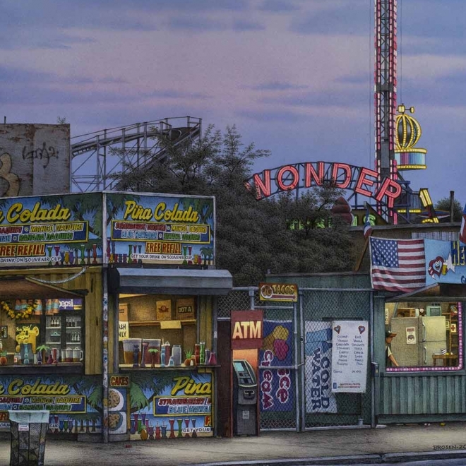 a watercolor painting by Frederick Brosen of Coney Island with the Wonder Wheel sign in the background