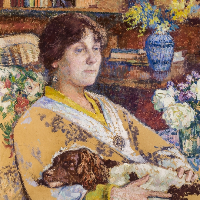 THÉO VAN RYSSELBERGHE *1862–1926), Portrait of Laure Flé, 1913. Oil on paper board, 27 x 23 3/4 in. (detail).