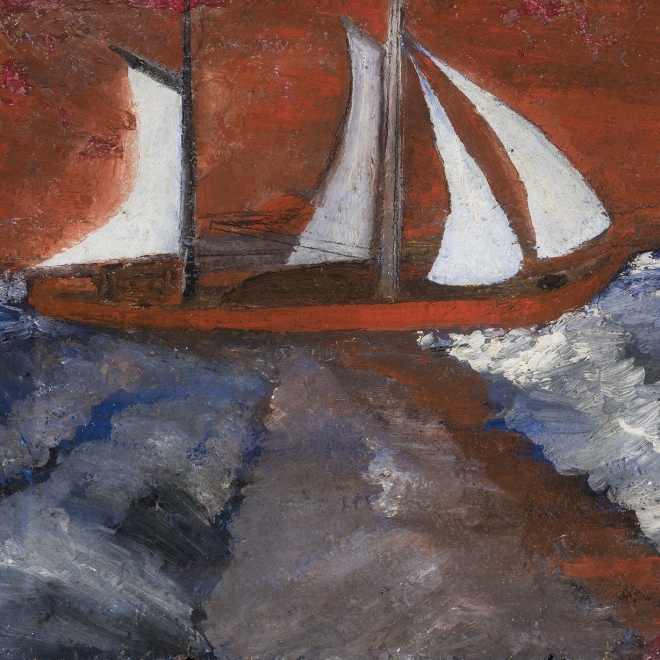 a painting by self-taught artist Frank Walter of a red sailboat in rough water with a red sky