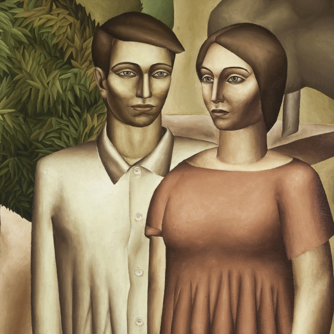 EVERETT GEE JACKSON (1900–1995), "Man and Woman with Acacia Tree," 1932. Oil on canvas, 19 3/4 x 27 3/4 in. (detail).