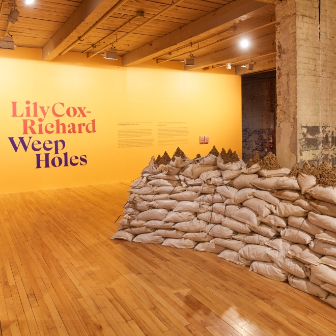 an installation view of Lily Cox-Richard, "Weep Holes", at MASS MoCA, March 12, 2022 through January 2023