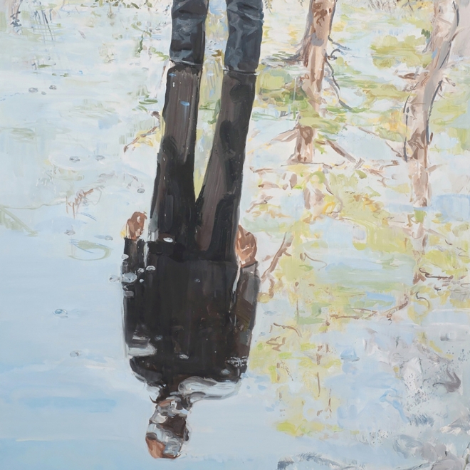 a painting by James Everett Stanley of a man's reflection as he stands in water