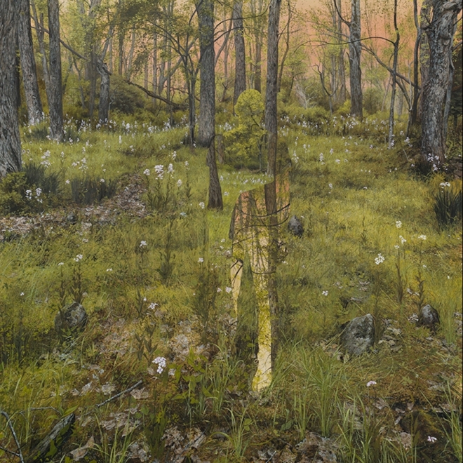 an egg tempera painting by Colin Hunt of a silhouette's void in the woods with the landscape fragmented through their shape