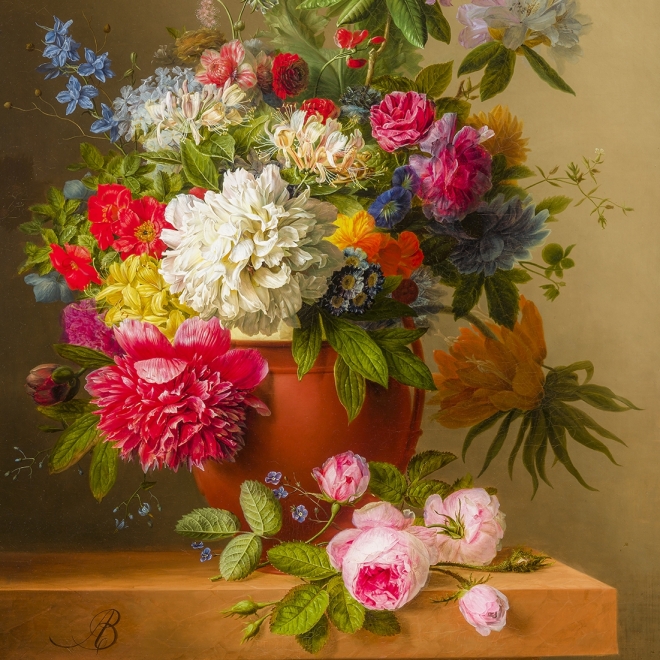 ARNOLDUS BLOEMERS (1792–1844), Still Life of Peonies, Roses, Honeysuckle, Poppies, and other Flowers. Oil on canvas, 30 x 24 in. (detail).