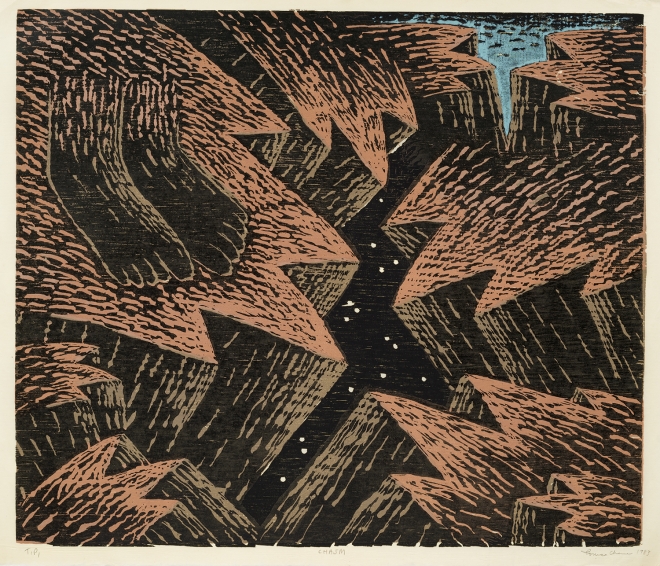 a woodblock print by Louisa Chase of two feet standing at the edge of a chasm