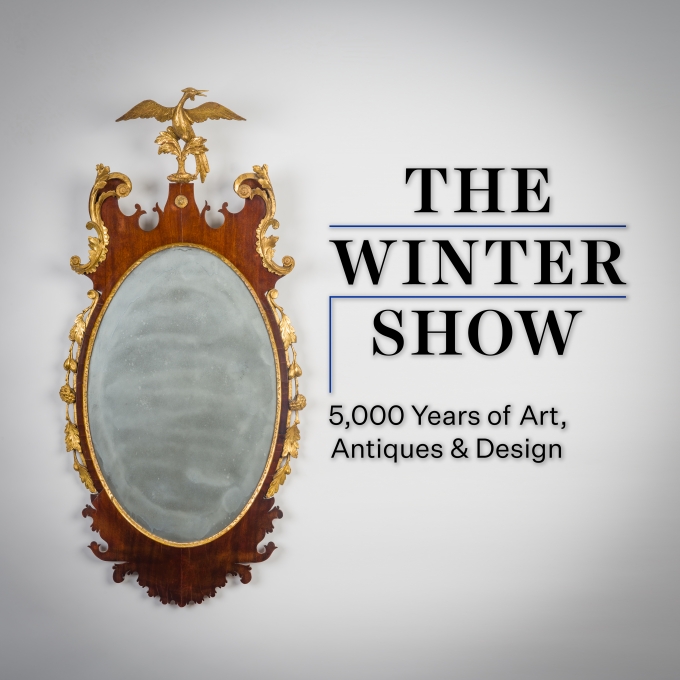 "Oval Mirror in the Chippendale Taste." American or English, about 1780. Mahogany, with carved, gilded and gessoed carving, cast plaster and gilded rondelles, and mirror plate 47 x 22 1/2 in. With logo of The Winter Show, "5,000 Years of Art, Antiques & Design" to its right.